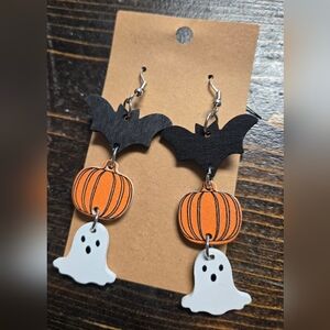 Bat Pumpkin Ghost Dangle Earrings Halloween Fall Boutique Style NEW